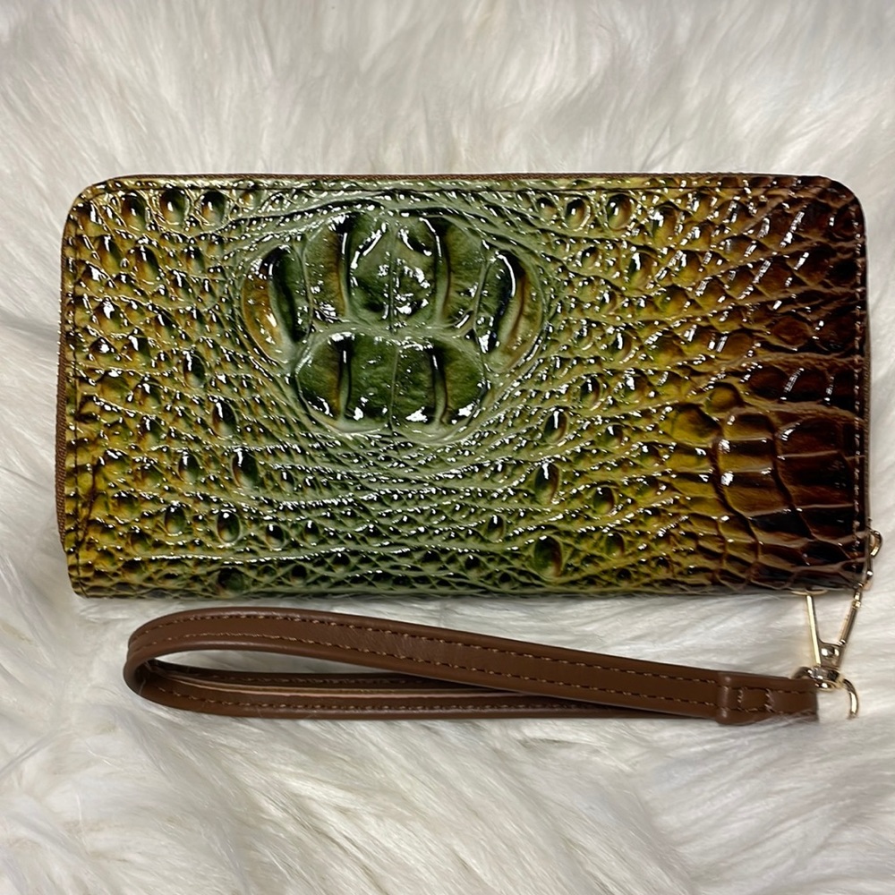 Tritexture Green & Brown Ombre Single Zipper Wallet with Strap - Picture 3 of 11